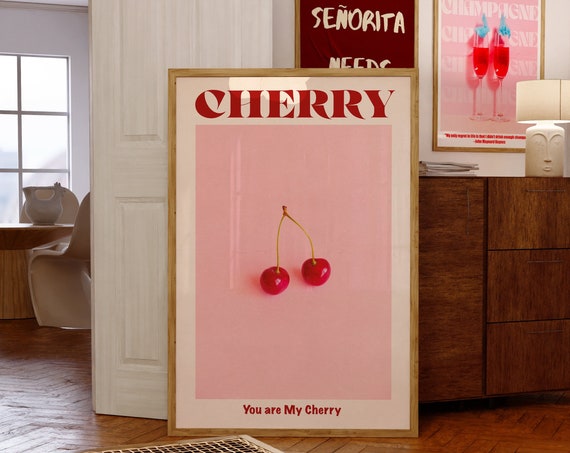 Retro Cherry Poster 70s Psychedelic Kitchen Wall Art