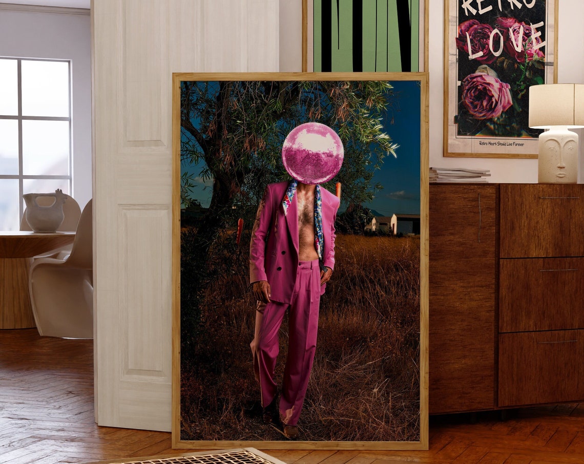 Disco Ball Head Man in Magenta Suit Surreal Night Field Poster
