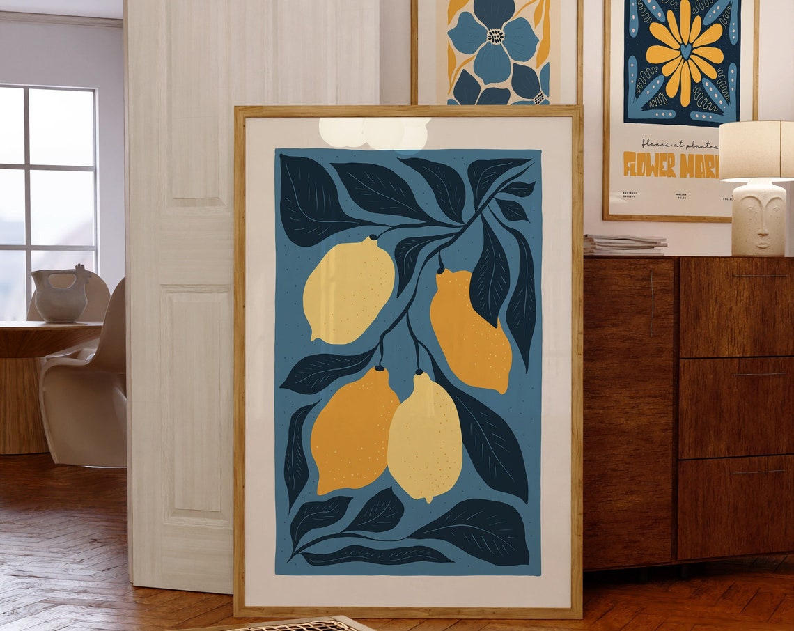 Navy Blue Lemon Citrus Branch Floral Modern Botanical Decor Poster