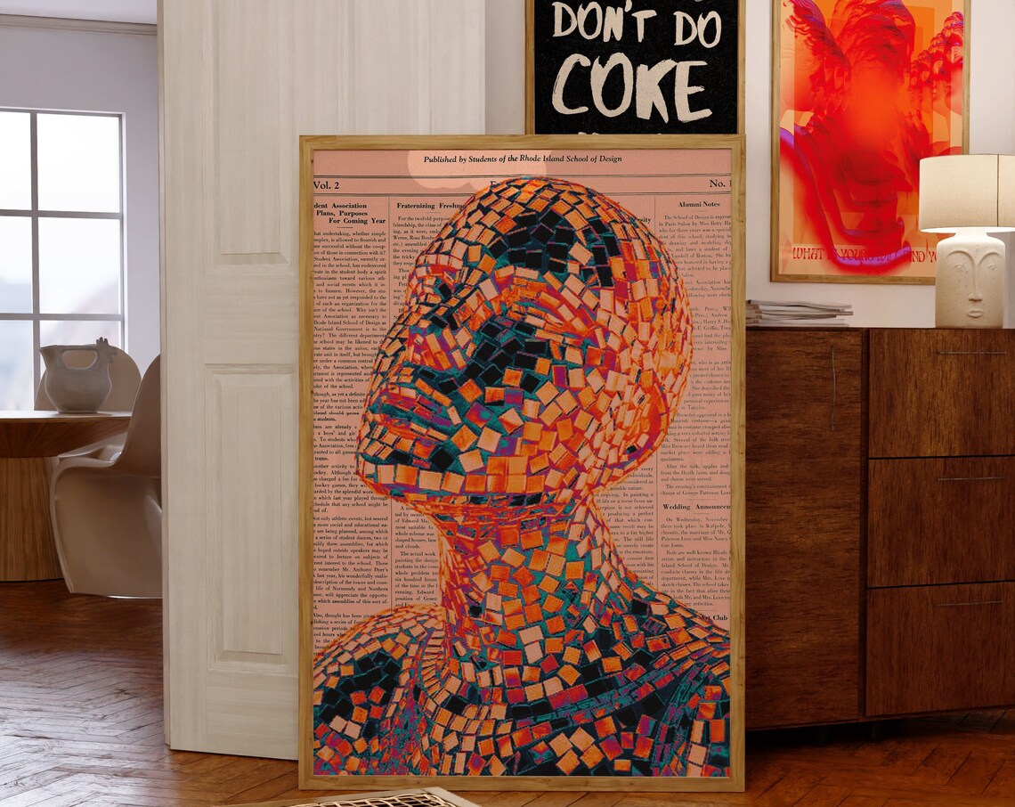 Trippy Mosaic Head Silhouette Vintage Newspaper Collage Poster
