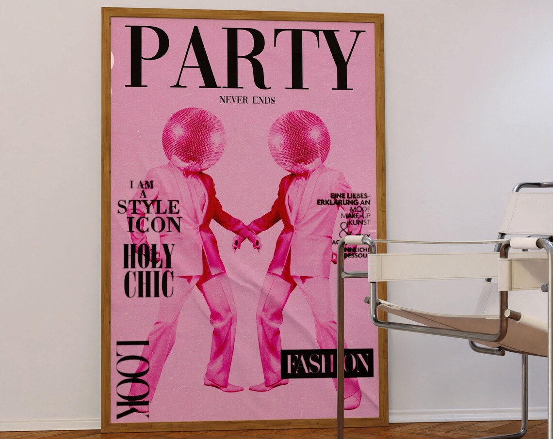 Pink 70s Disco Ball Heads Party Never Ends Fashion Art Poster