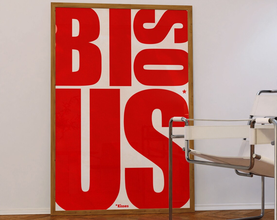 Bisous Kisses Bold Red French Typography Retro Wall Statement Poster