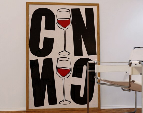 Bold Cin Cin Red Wine Glasses Typography Modern Kitchen Bar Poster