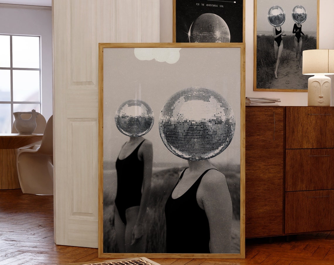 Disco Ball Head Duo In Swimsuits Black White Retro Party Poster
