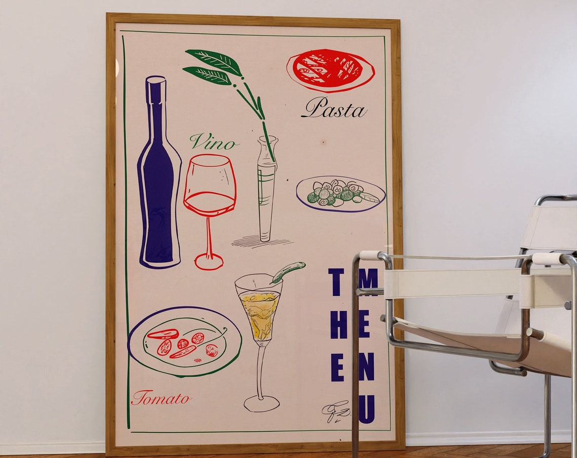 Retro Italian Menu Art Poster With Vino Pasta Tomato Drawings