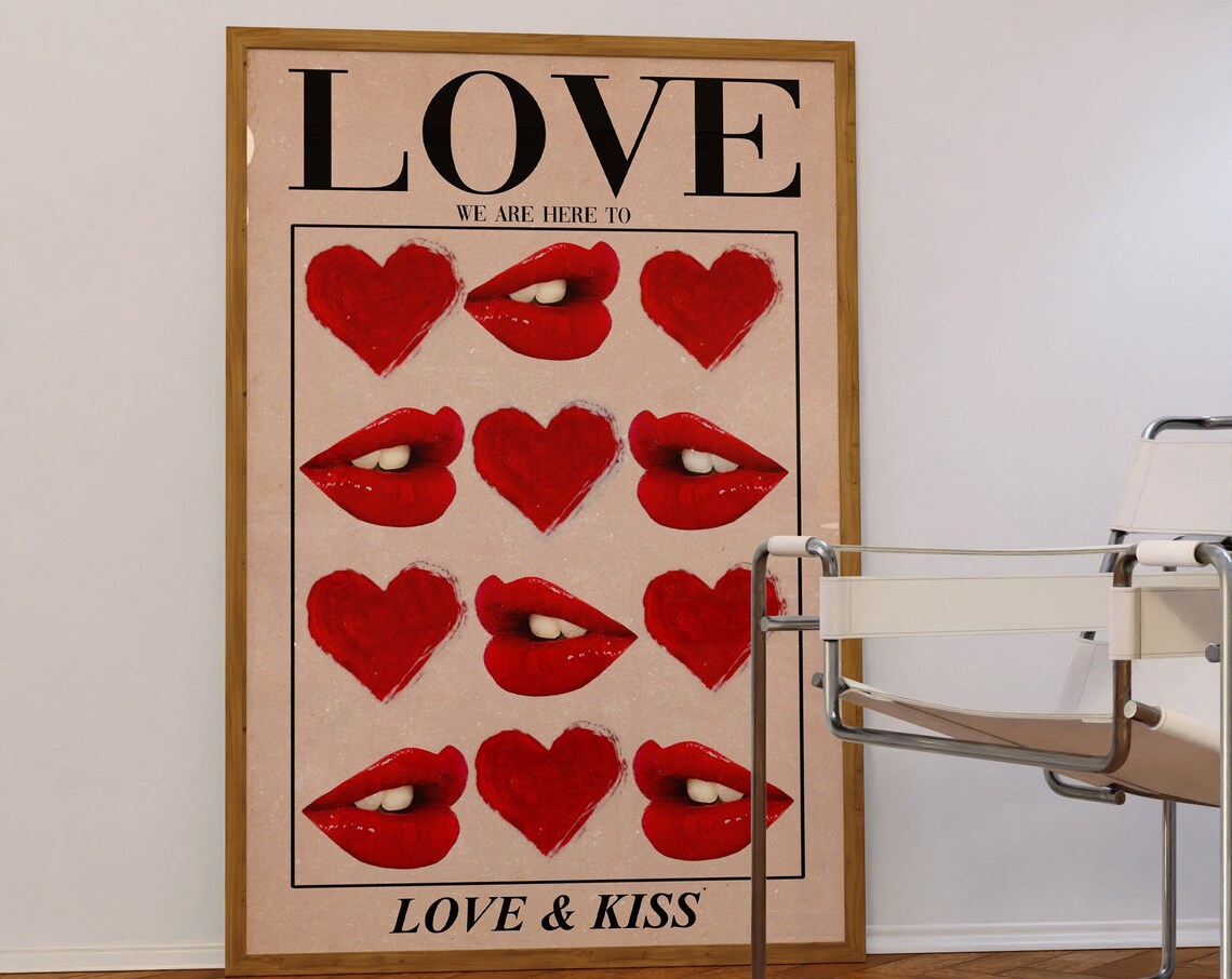 Love and Kiss Red Lips Hearts Retro Romance Typography Poster