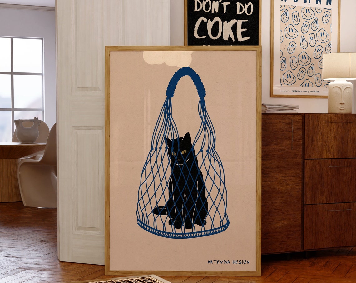 Retro 70s Black Cat Poster Print