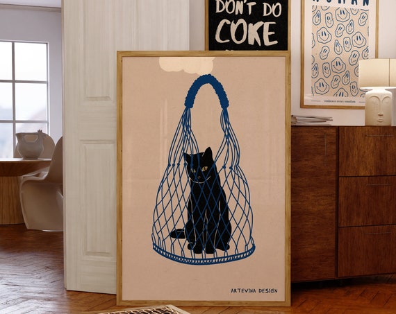 Retro 70s Black Cat Poster Print