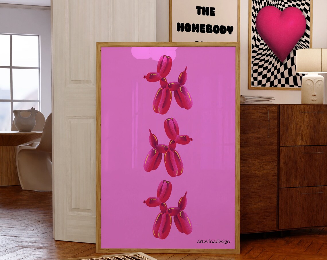 Pink Balloon Dog Trio Y2K Pop Art Dopamine Wall Decor Poster