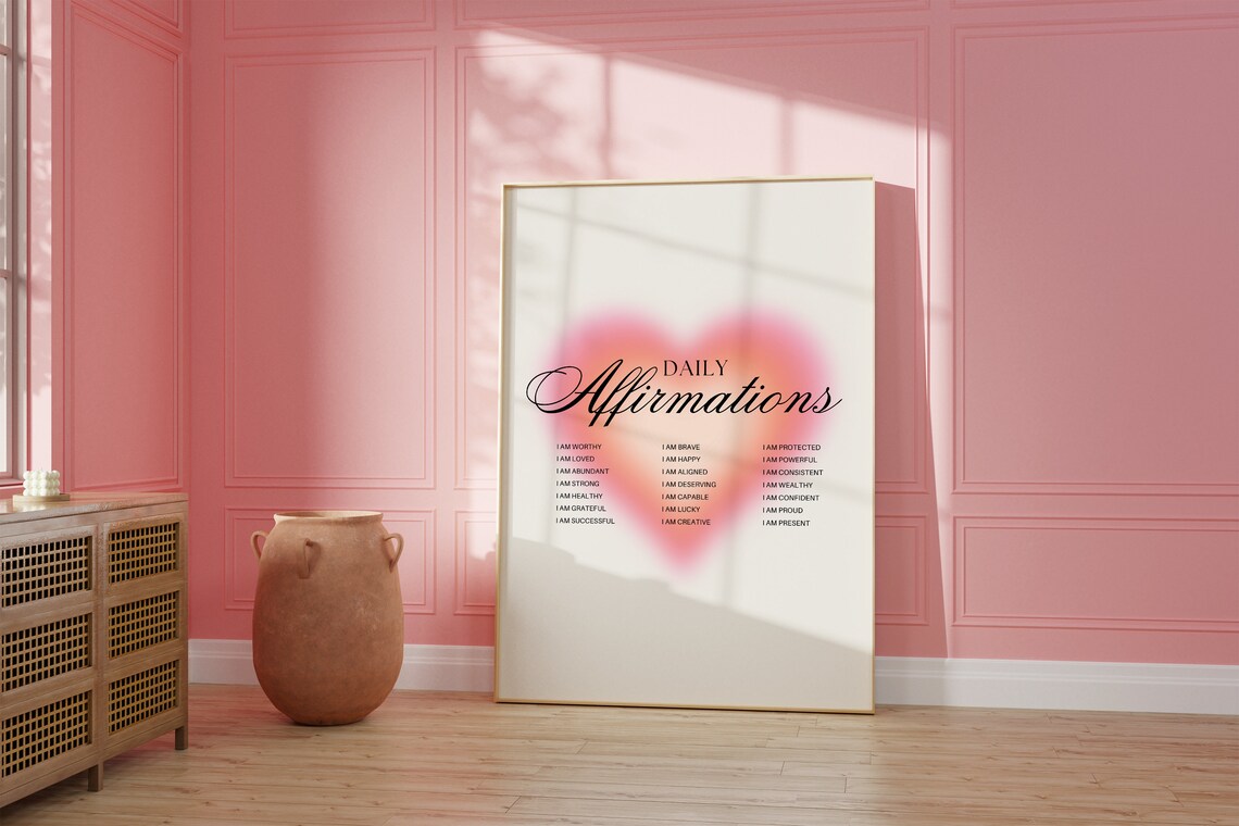 Daily Affirmations Pink Aura Heart I Am Mantras Mindfulness Poster - Image 3