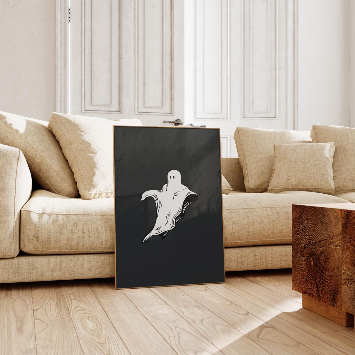 Cute Friendly Ghost Hand Drawn Cream On Black Halloween Night Poster - Image 3