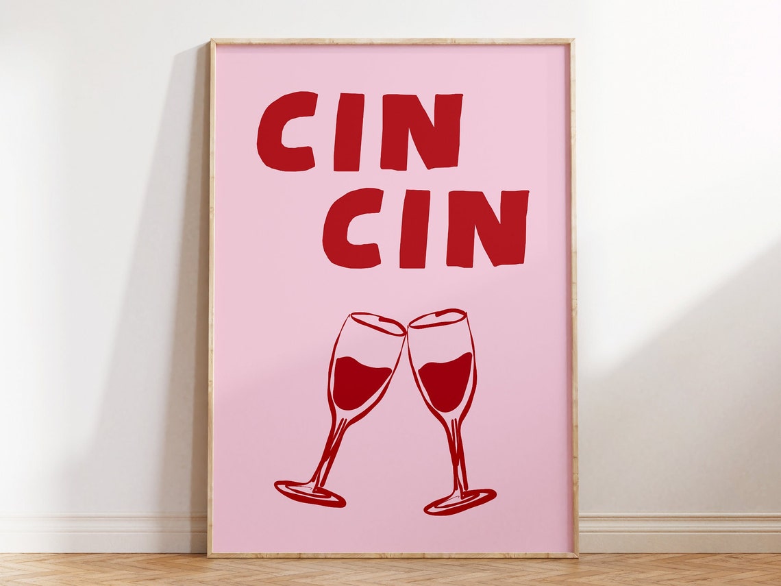 Cin Cin Red Text Pink Background Champagne Toast Party Poster - Image 2