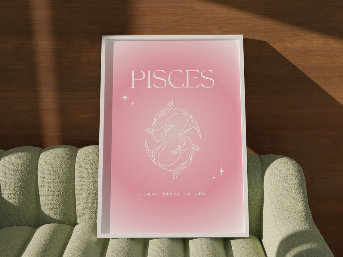 Pisces Zodiac Twin Fish Pink Gradient Aura White Line Art Poster - Image 2