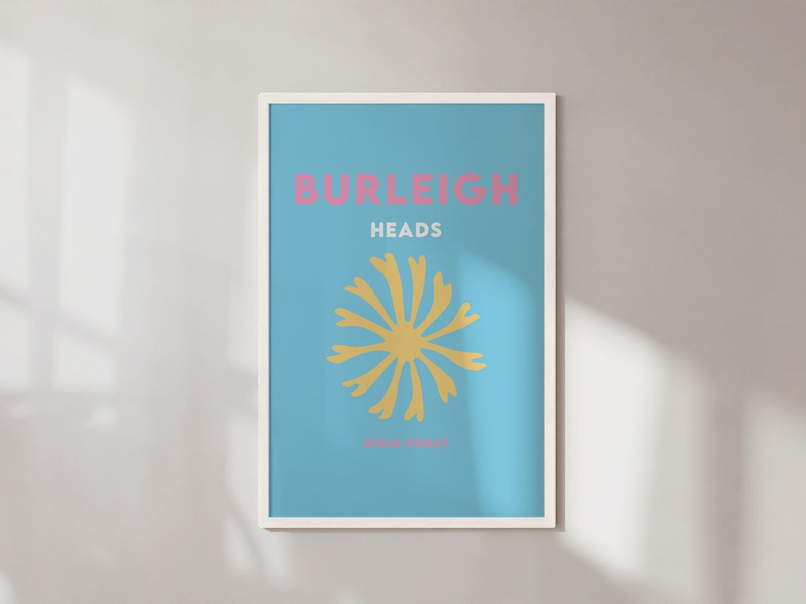 Burleigh Heads Gold Coast Blue Yellow Sunburst Travel Poster - Image 4