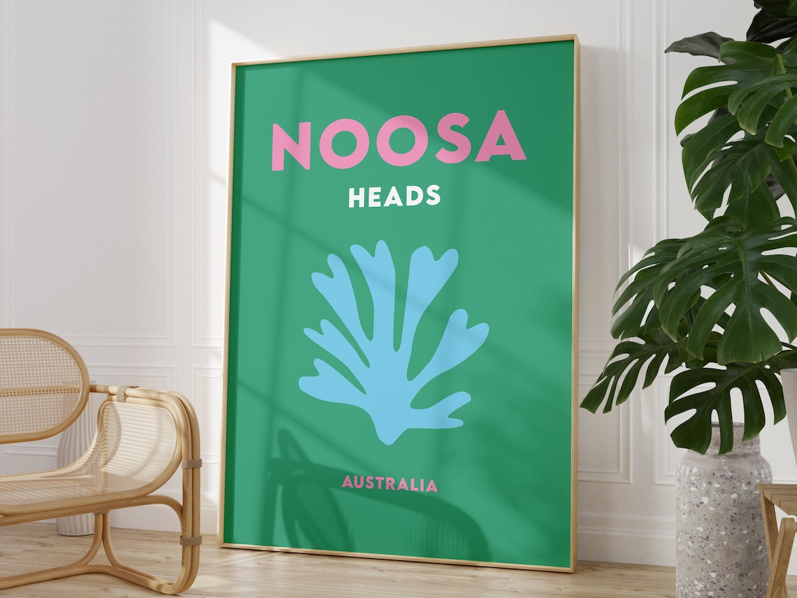 Noosa Heads Australia Green Blue Coral Minimalist Travel Poster