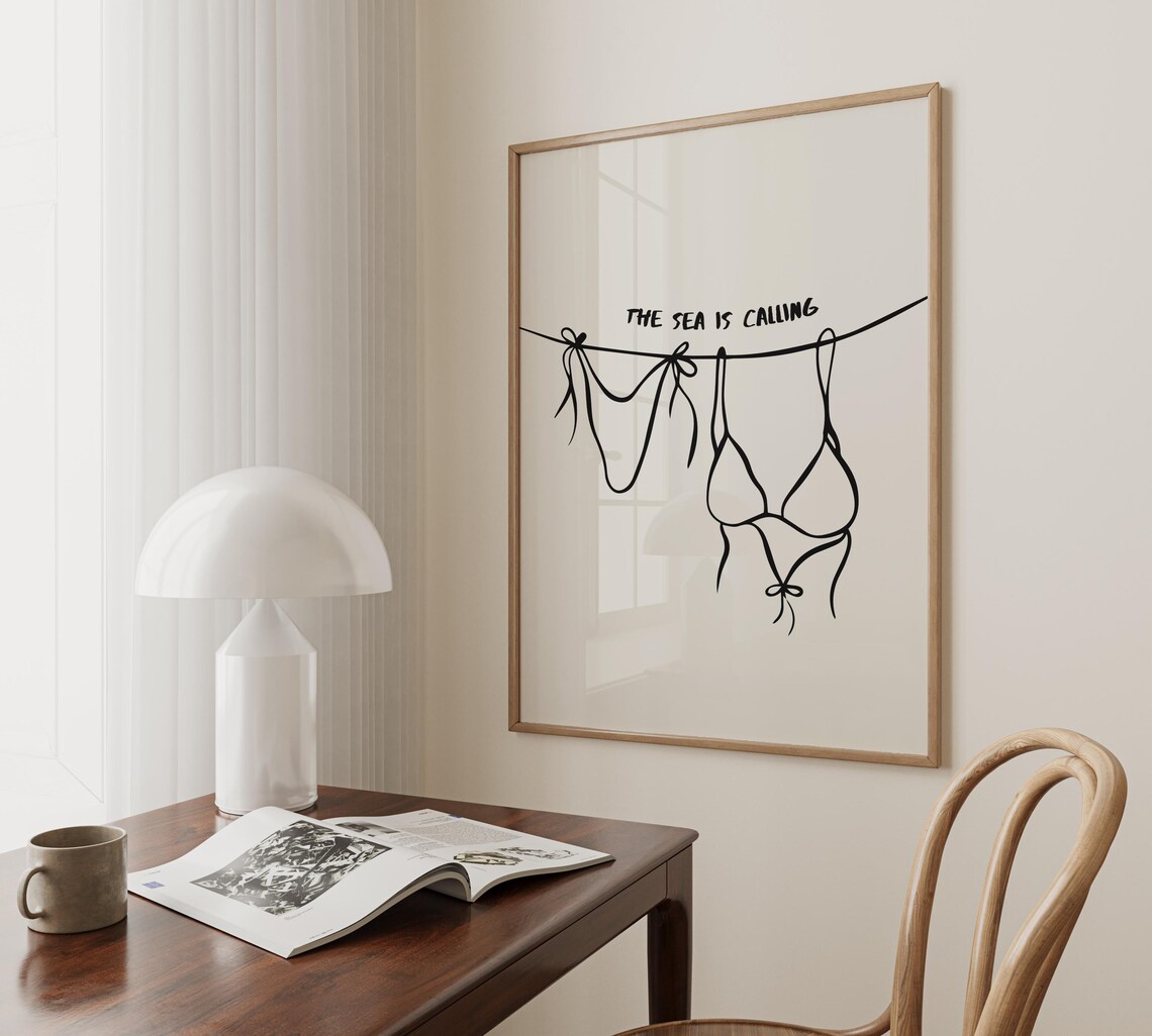 The Sea Is Calling Black Bikini Clothesline Minimalist Coastal Art Poster - Image 4