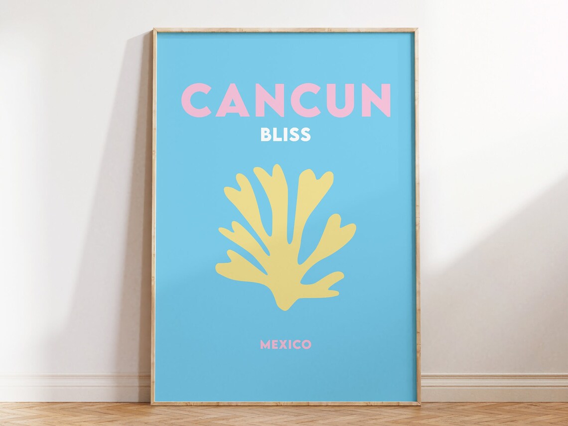 Cancun Bliss Mexico Blue Yellow Coral Minimalist Travel Poster - Image 4