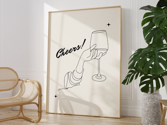 Cheers Wine Glass Minimalist Line Art Hand Toast Bar Cart Poster