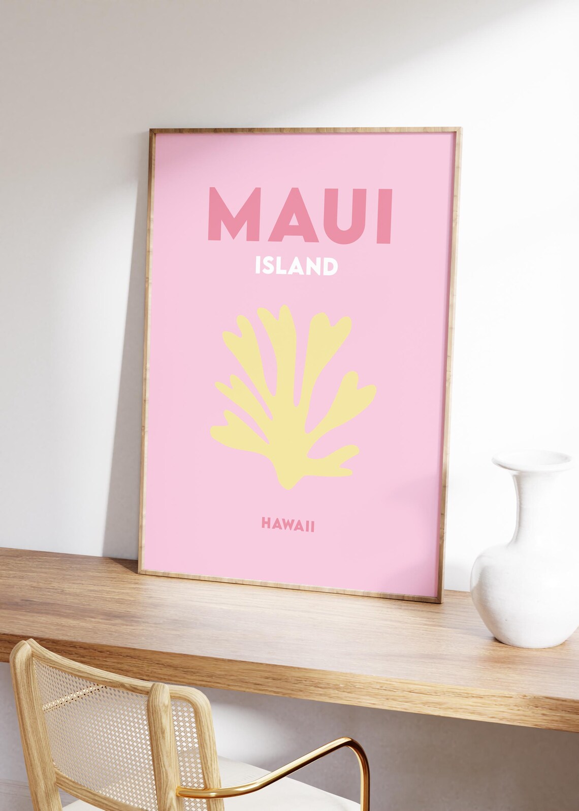 Maui Island Hawaii Hot Pink Travel Poster Yellow Coral Motif - Image 2
