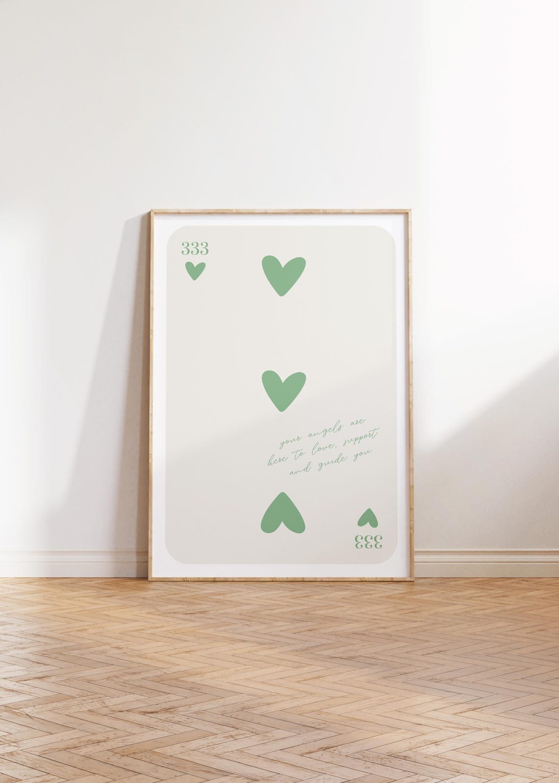 Angel Number 333 Sage Green Hearts Playing Card Affirmation Poster - Image 2