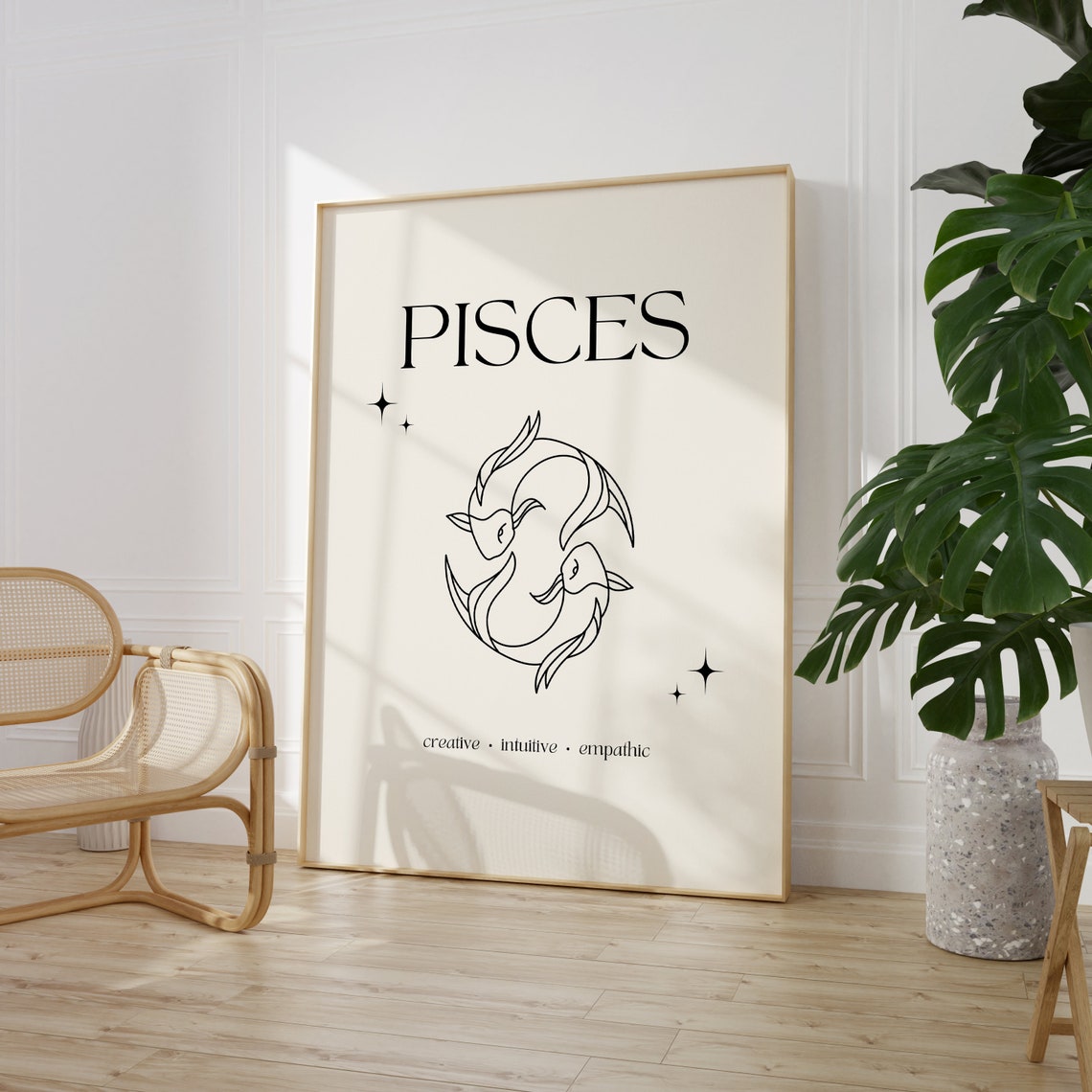 Pisces Zodiac Sign Minimalist Twin Fish Line Art Cream Poster - Image 5