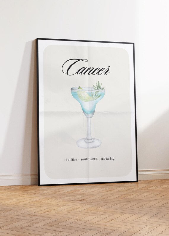 Cancer Zodiac Sign Cocktail Poster with Blue Margarita Watercolor