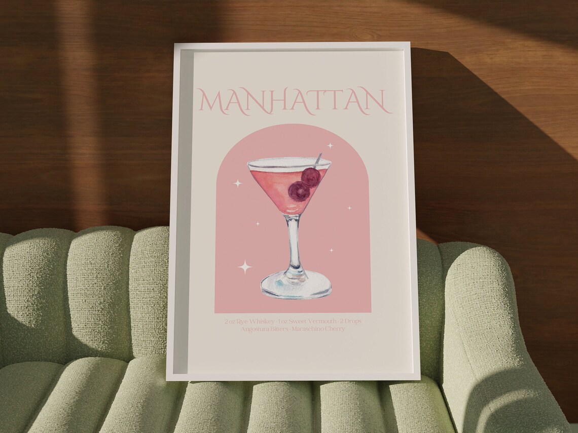 Manhattan Cocktail Recipe Pink Watercolor Bar Cart Decor Poster - Image 2