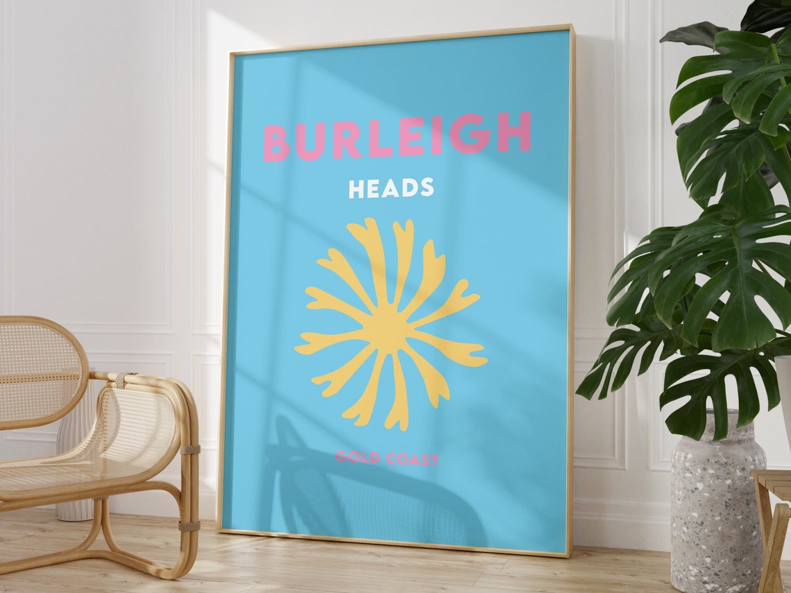 Burleigh Heads Gold Coast Blue Yellow Sunburst Travel Poster