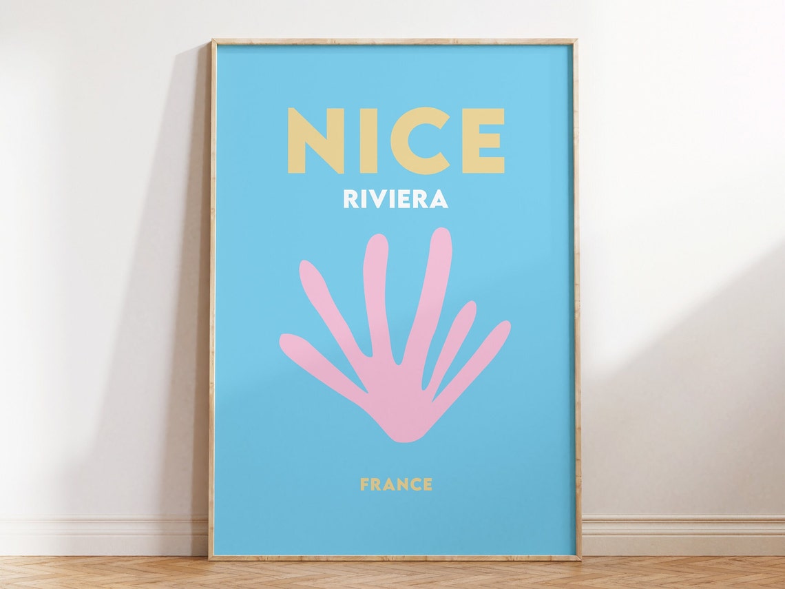Nice Riviera France Minimalist Blue Pink Shell Travel Poster - Image 3