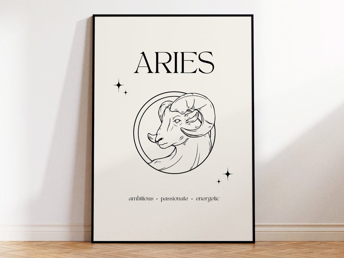 Aries Zodiac Sign Minimalist Ram Circle Line Art Cream Poster
