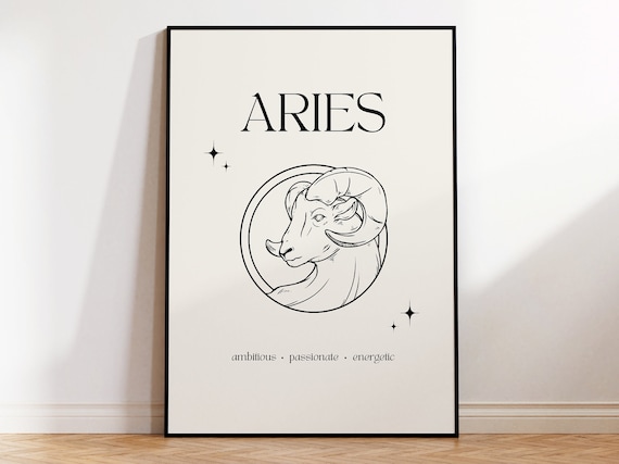 Aries Zodiac Sign Minimalist Ram Circle Line Art Cream Poster