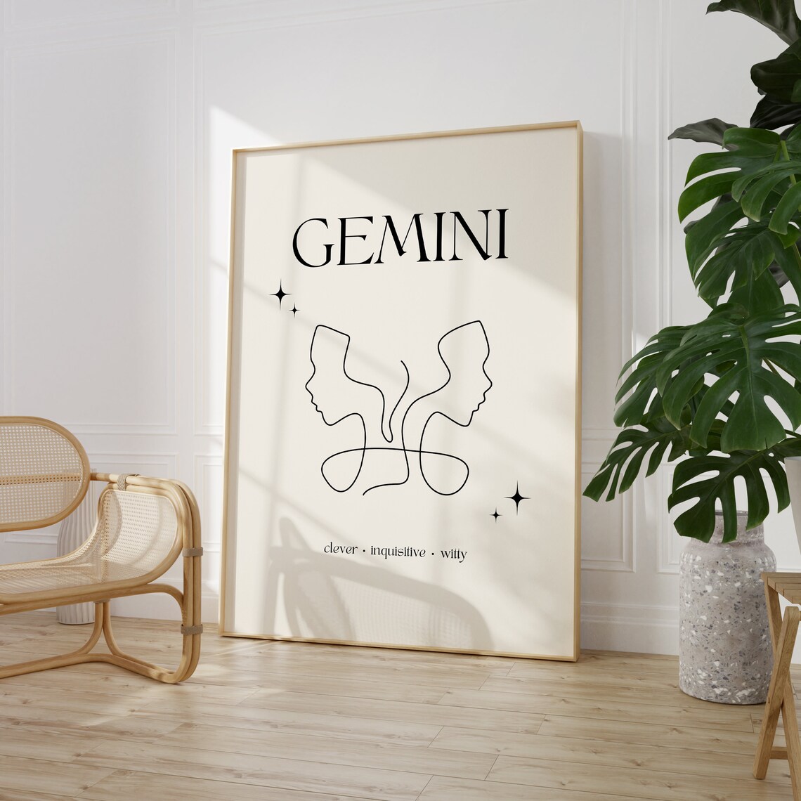 Gemini Zodiac Sign Minimalist Dual Face Line Art Cream Poster - Image 5
