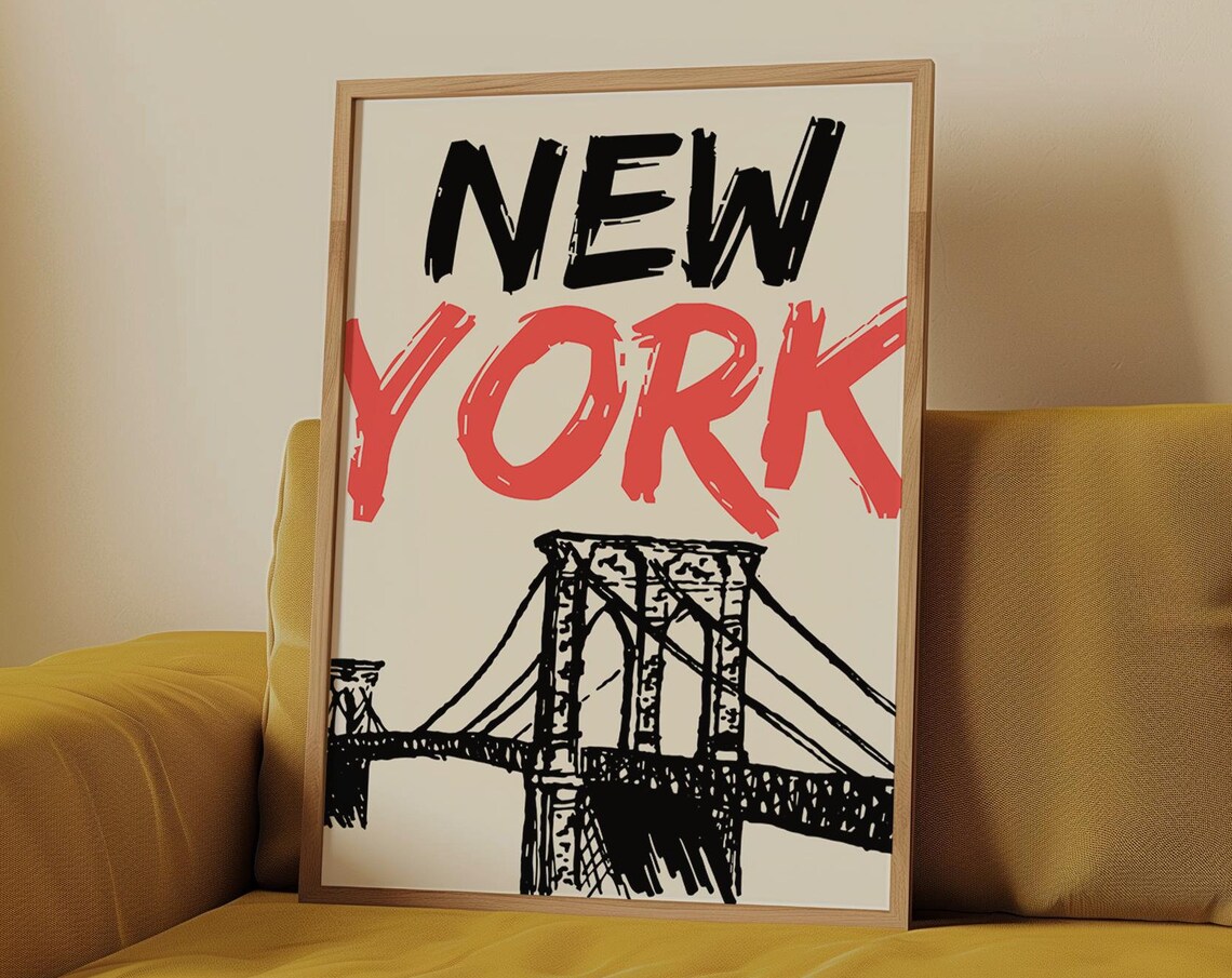 New York City Brooklyn Bridge Red Brush Lettering Sketch Poster