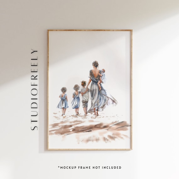 Watercolor Family Portrait Poster | Mom with Children Beach Scene Art