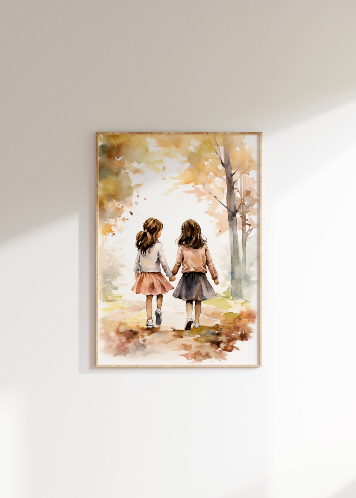 Two Sisters Walking In Autumn Woods Watercolor Print Girls Art
