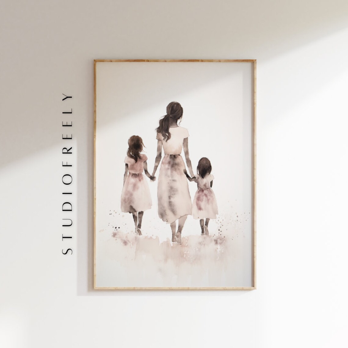 Watercolor Mom With 2 Daughters Modern Family Portrait