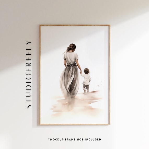 Beige Minimalist Watercolor Instant Family Portrait Mom With Her Son File