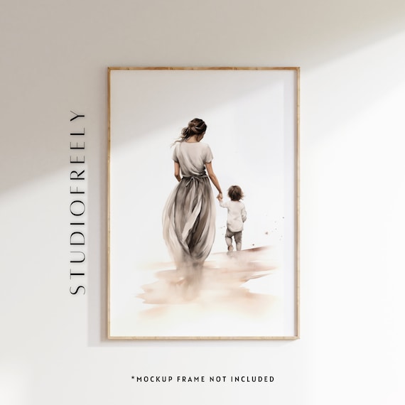 Mother and Child Walking Watercolor Style Tender Family Wall Art