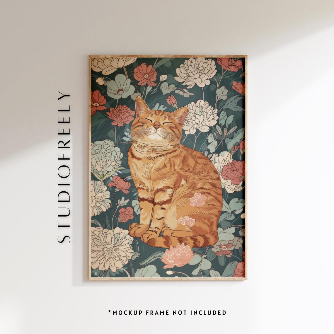 Orange Tabby Cat Vintage Botanical Floral Illustration Wall Art