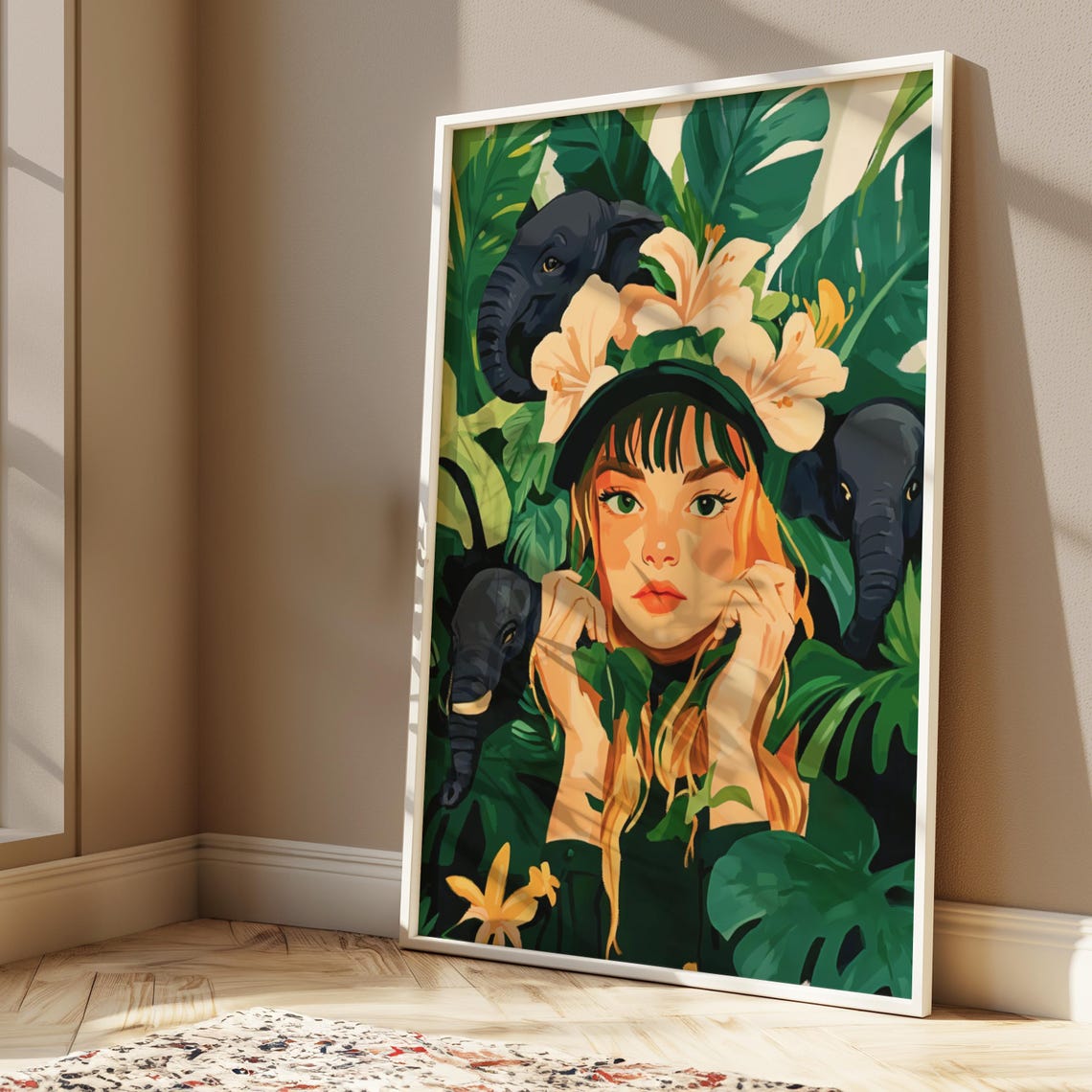 Lady With Elephants Jungle Bathroom Wall Art Tropical Maximalist Art Elephant Art House Warming Gift - Image 3