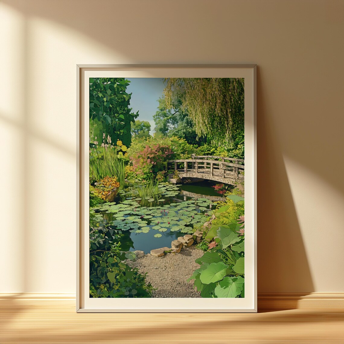 English Summer Garden Stone Bridge Lily Pond Illustration Poster - Image 5