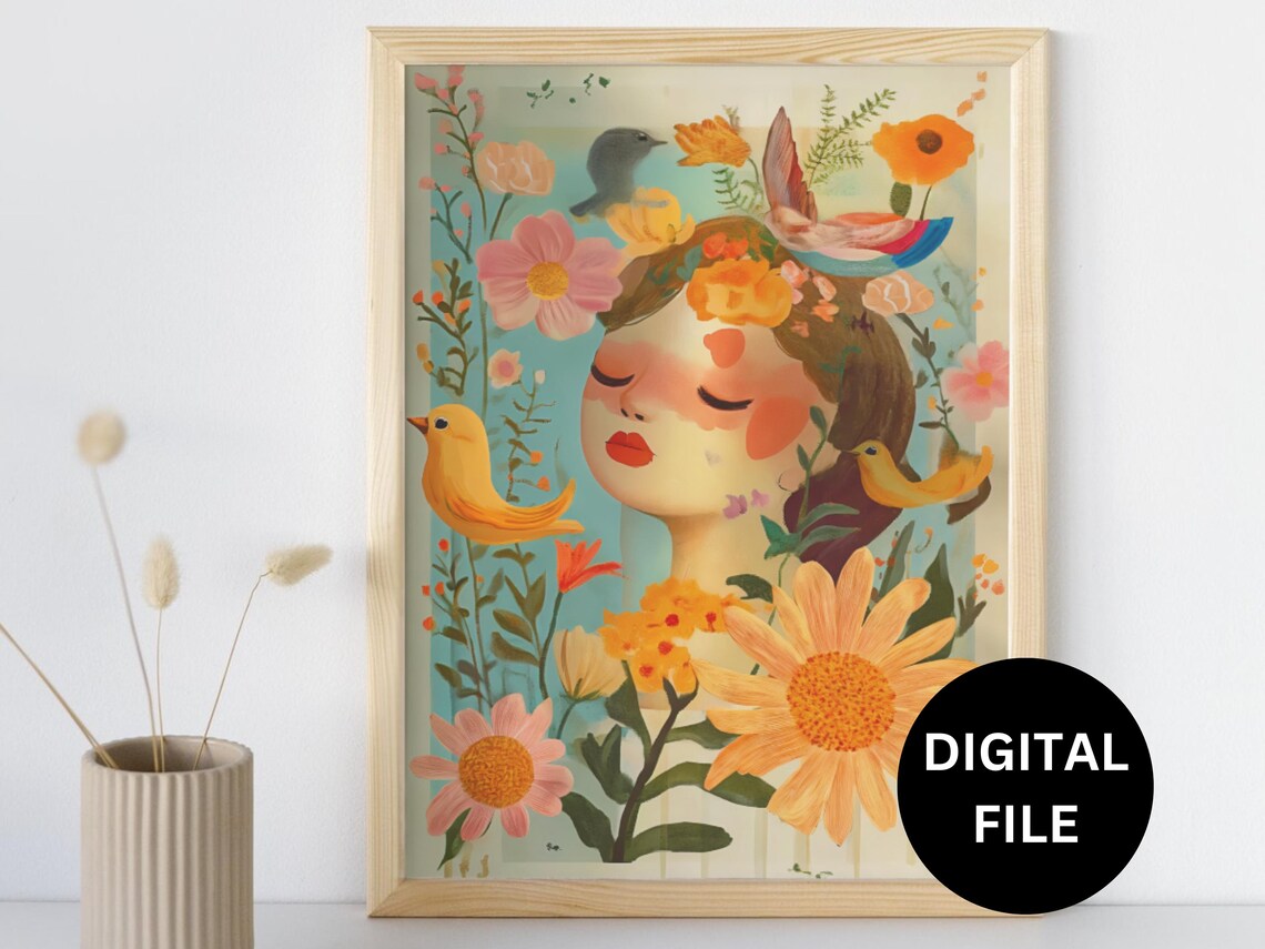 Vintage Floral Lady Portrait Songbirds Printable Digital Art Poster