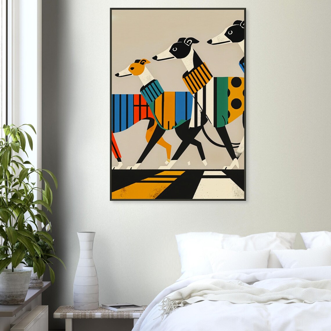 Greyhounds Crossing Bold Striped Road Geometric Dog Art Poster - Image 3