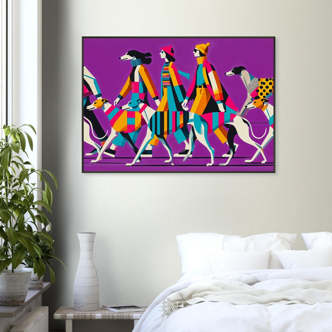 Women Walking Greyhounds Purple Geometric Modern Dog Art Poster - Image 4