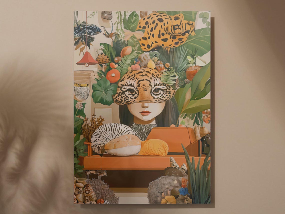 Surreal Leopard Woman Lush Jungle Interior Maximalist Art Poster - Image 5