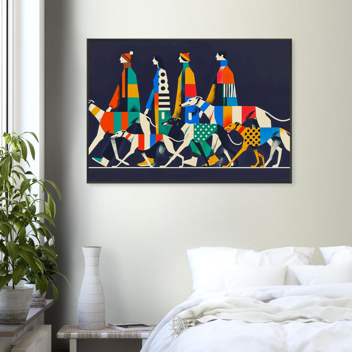 Night Walk Greyhounds Colorful Coats Modern Geometric Dog Art Poster - Image 4