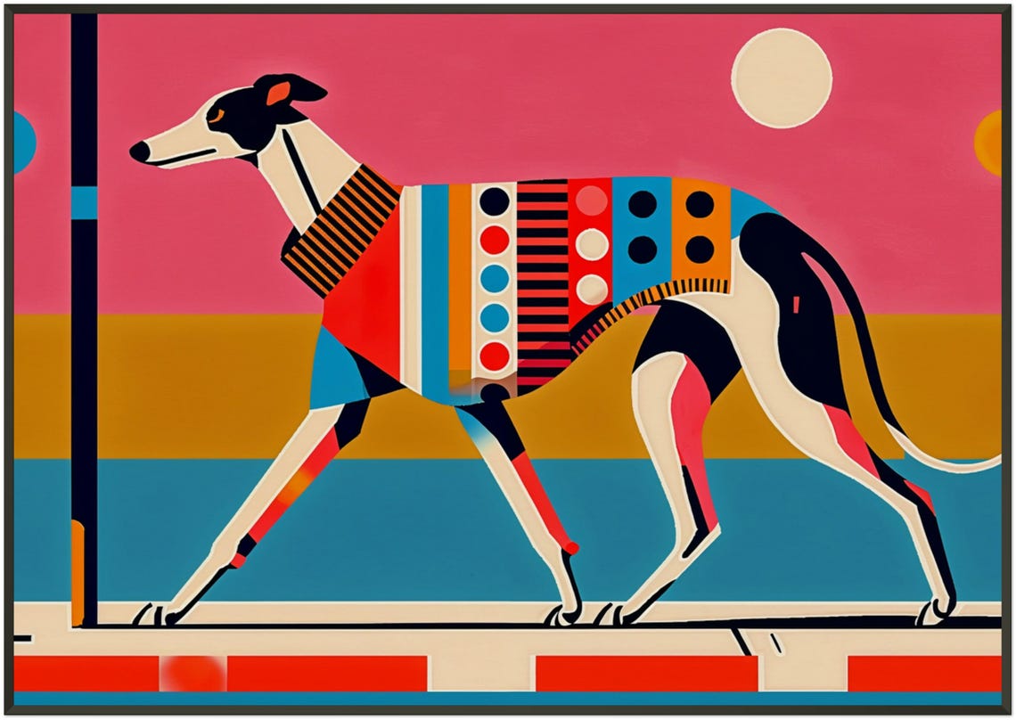 Lone Greyhound Sunset Stripes Bold Patchwork Dog Sweater Poster