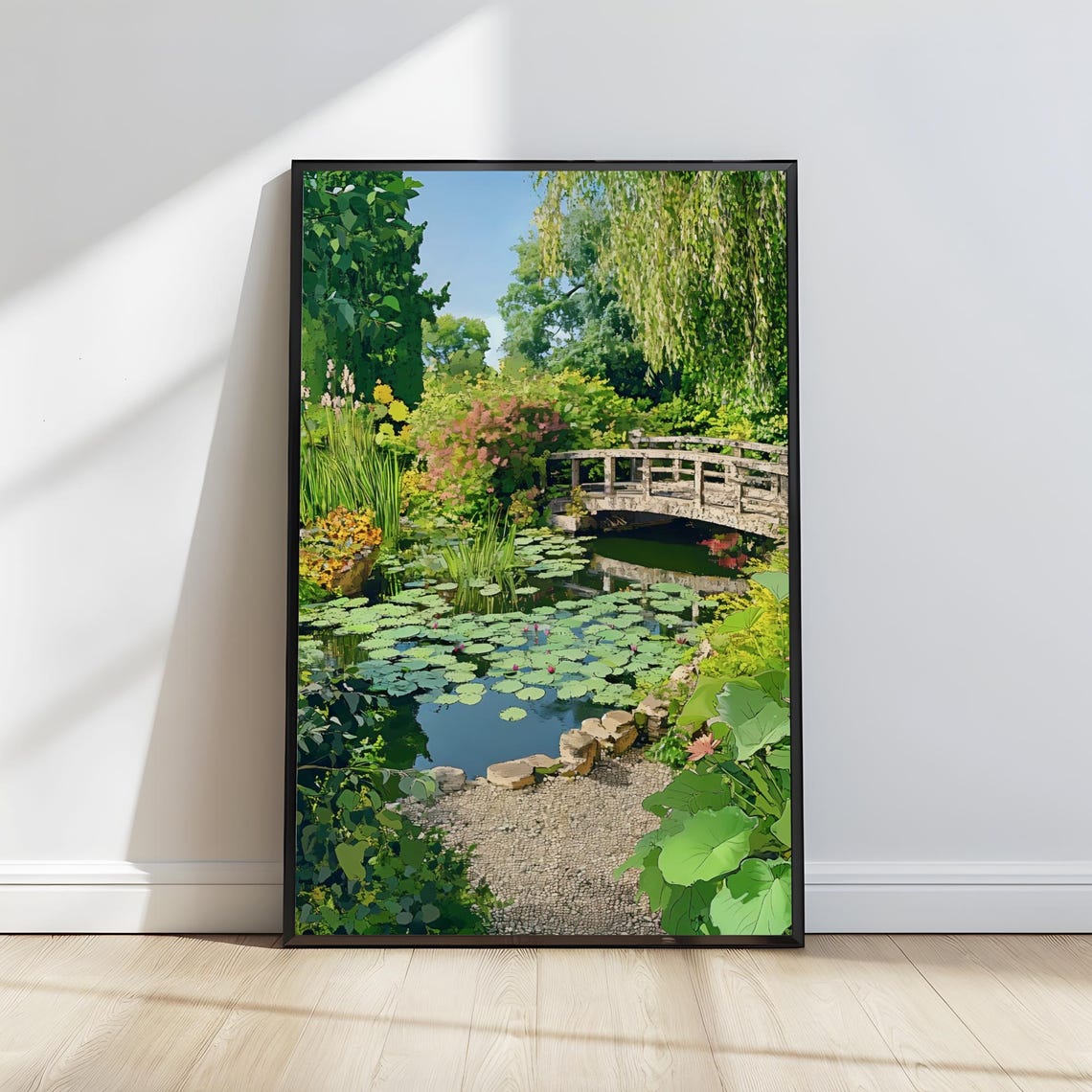 English Summer Garden Stone Bridge Lily Pond Illustration Poster - Image 4