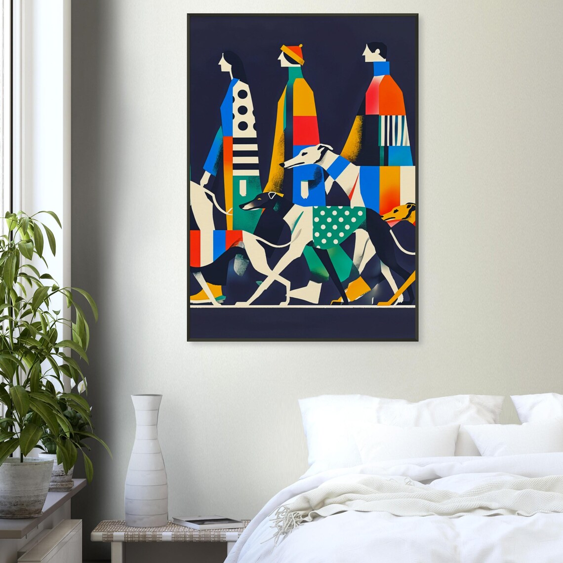 Night Walk Greyhounds Colorful Coats Modern Geometric Dog Art Poster - Image 2
