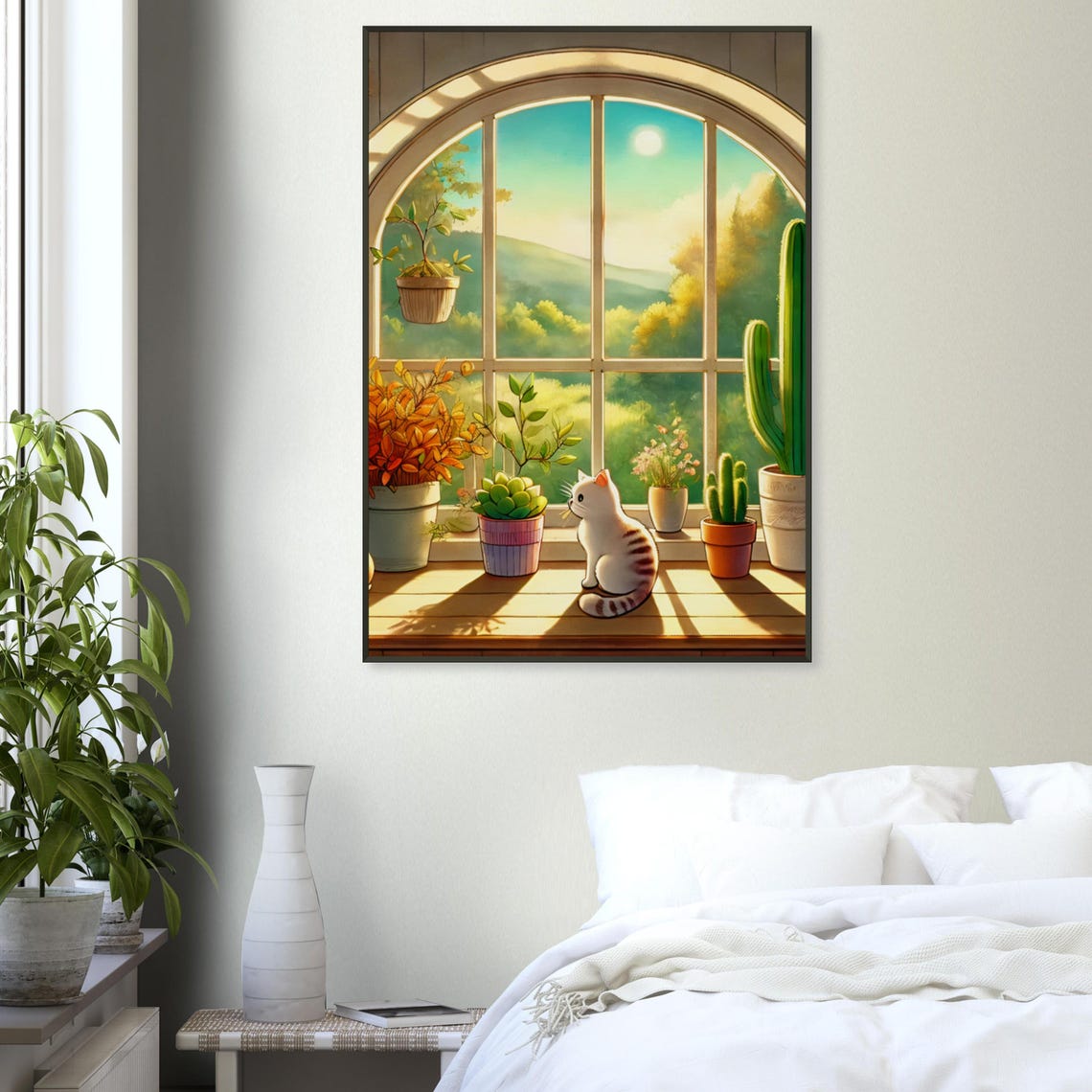 White Cat Sunlit Windowsill Houseplant Cozy Illustration Poster - Image 3